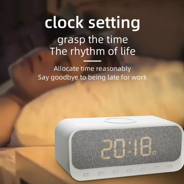 Wireless Portable Speaker-Digital Alarm Clock 15W-Wireless Charger-FM-USB-AUX