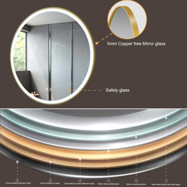 Popular Design Bathroom Mirror Led Light Defogging Gold Framed Decorative Bathroom Mirror