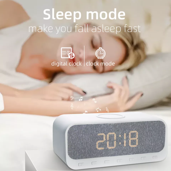 Wireless Portable Speaker-Digital Alarm Clock 15W-Wireless Charger-FM-USB-AUX