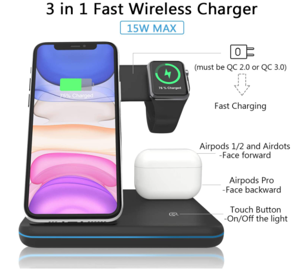 15W High Quality Smart Watch Earphone Wireless Charging 3-in-1 Wireless Charging Stand